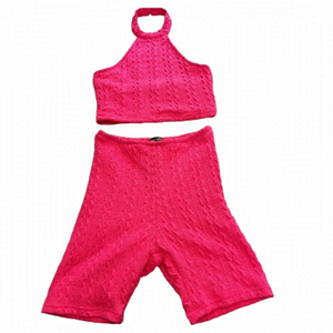 Kaylee Kollection Neon Pink Cableknit, Halter and Shorts, Set Size Medium